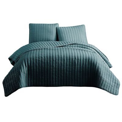 Benjara 3 Piece Crinkle King Coverlet Set with Vertical Stitching, Blue