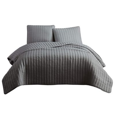 Benjara 3 Piece Crinkles Queen Size Coverlet Set with Vertical Stitching, Gray
