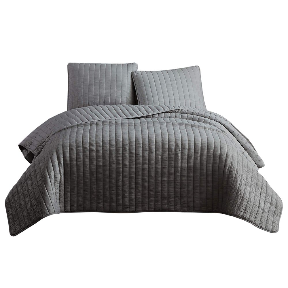 Benjara 3 Piece Crinkles Queen Size Coverlet Set with Vertical Stitching, Gray