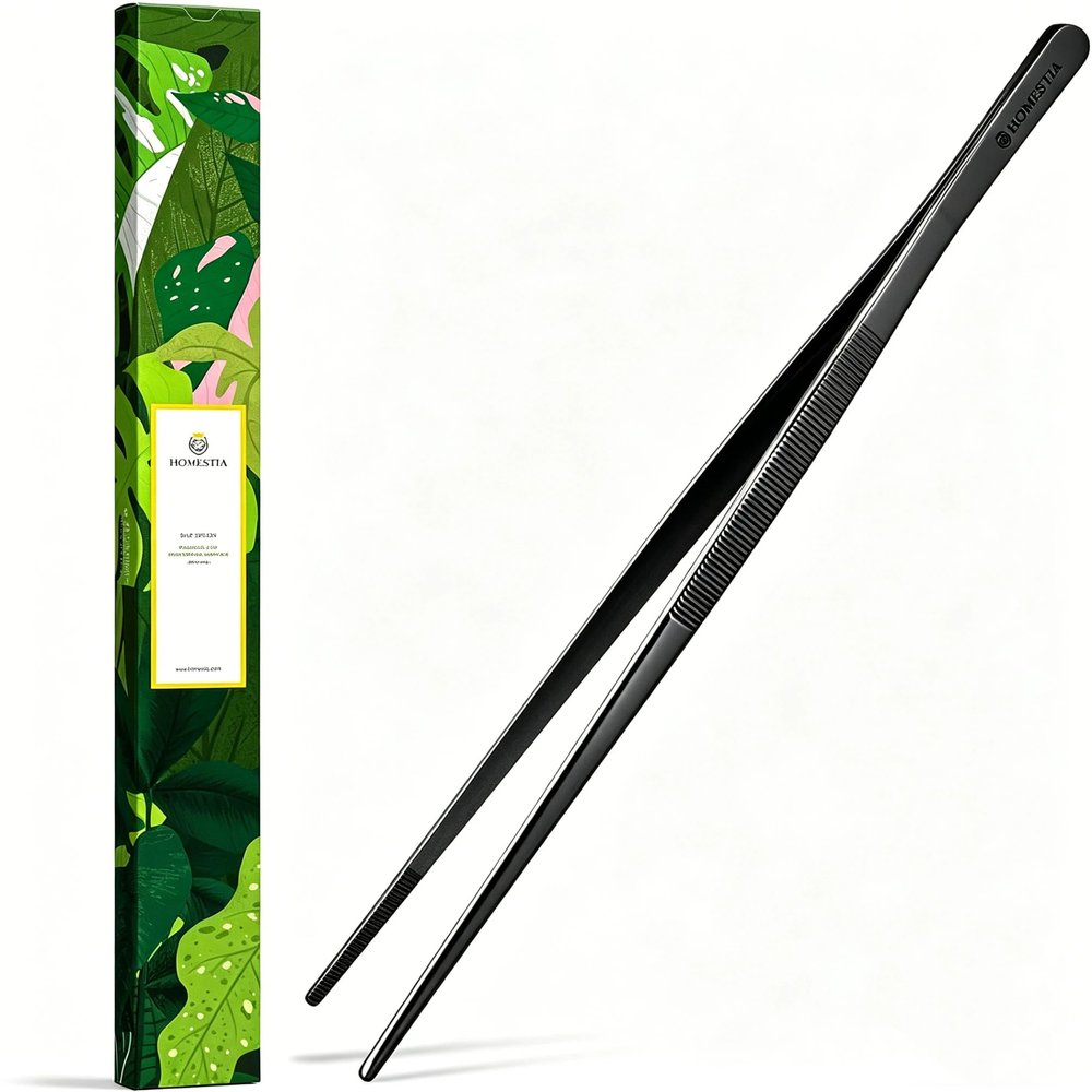 Homestia 12 Inch Kitchen Tweezers, Black Fine Tweezers Tongs for Food, BBQ
