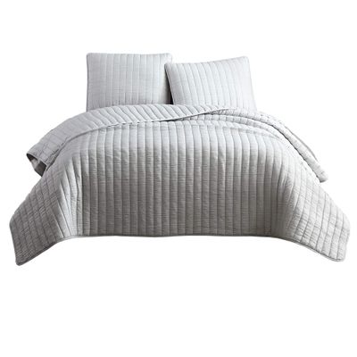 Benjara 3 Piece Crinkle Queen Size Coverlet Set with Vertical Stitching, Gray