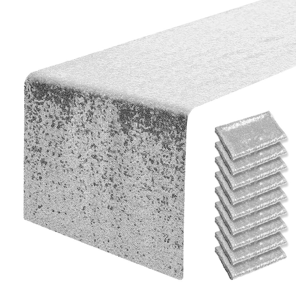 10 Packs 12 x 108 inches Silver Sequin Table Runner, Glitter Silver Table Runner for Wedding Birthday Bachelorette Holiday Party Supplies Decorations Bridal Shower Baby Shower