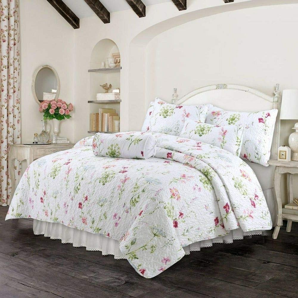 3 Piece Casual Gorgeous Lightweight Floral Quilt Set, All Season Beautiful Flowers Vines Botanical Leaf Pattern Reversible Farmhouse Bedding, French Country Vermicelli Stitched White Green Quilt King