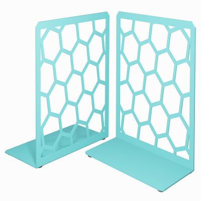 Turquoise Geometric Honeycomb Metal Bookends - Book Ends for Shelves - Decorative Modern Heavy Duty Bookend Stopper - Book Ends for Heavy Books - Home Office Book Holder - 1 Pair, 6x3.25x6.25 in