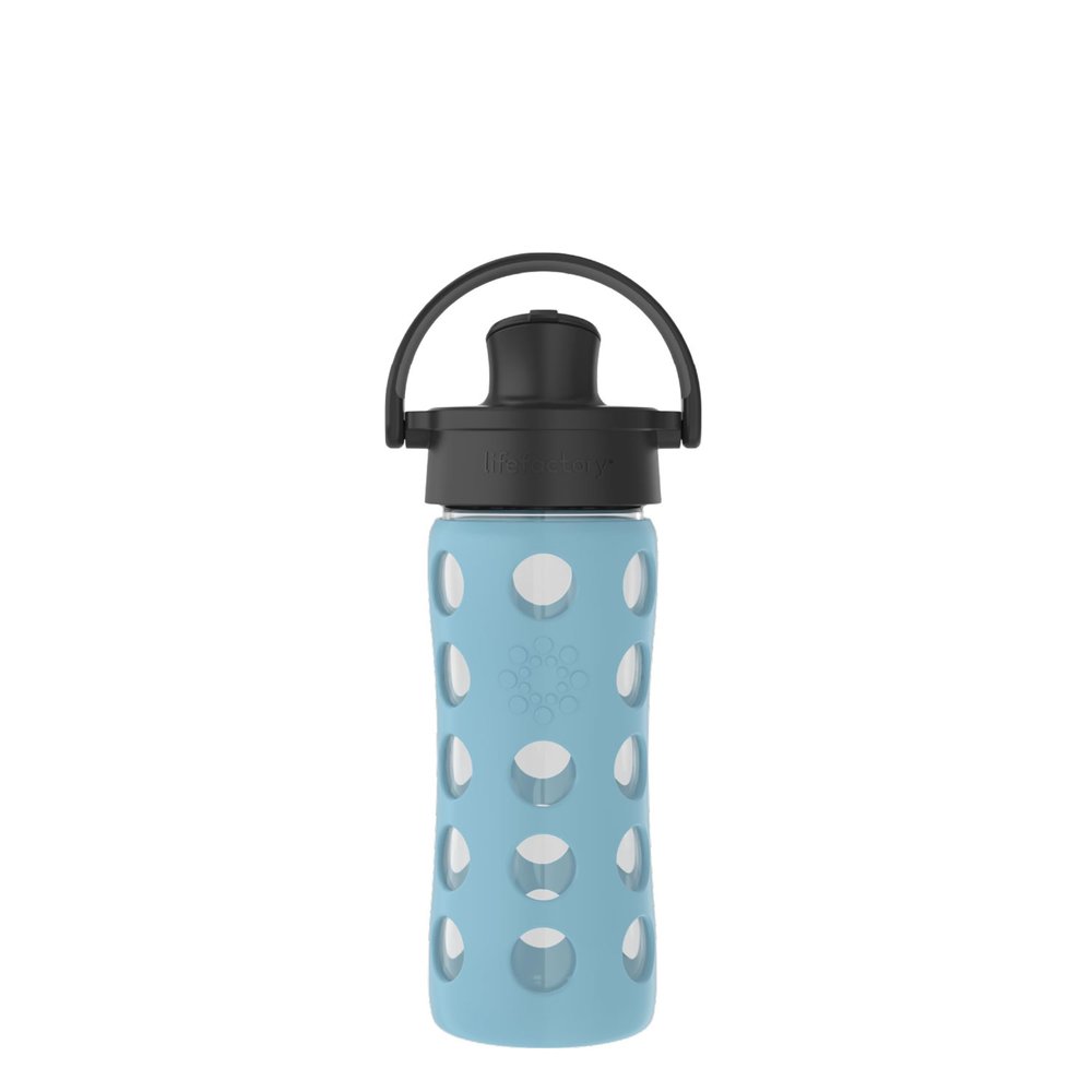 Lifefactory 12-Ounce Glass Water Bottle with Active Flip Cap and Protective Silicone Sleeve, Denim
