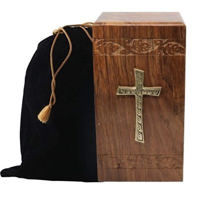 Touch4me Handcrafted Cremation Urn for Ashes, Adult Urn, Affordable and Elegant Wooden Urn with Free Velvet Bag (Cross)