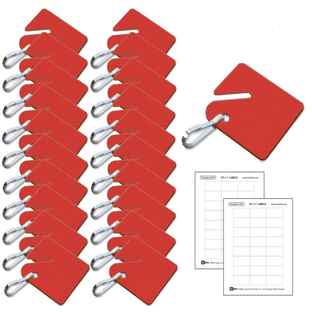 Lucky Line Square Slotted Cabinet Key Tag with Hooks and Labels, 20 Pack (2667020), Red