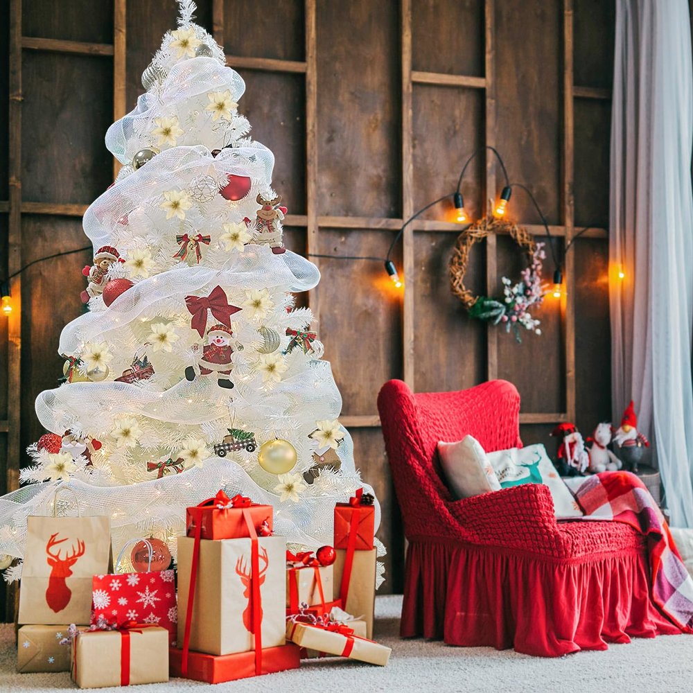 BDL 9FT White Christmas Tree Premium Hinged Artificial Pine Tree with Solid Metal Stand and Decorations,1850Tips