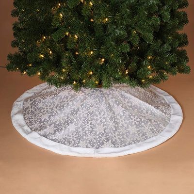 Gerson Glitter Print on Sheer Organza Christmas Tree Skirt with Faux Fur Border 48 Inch