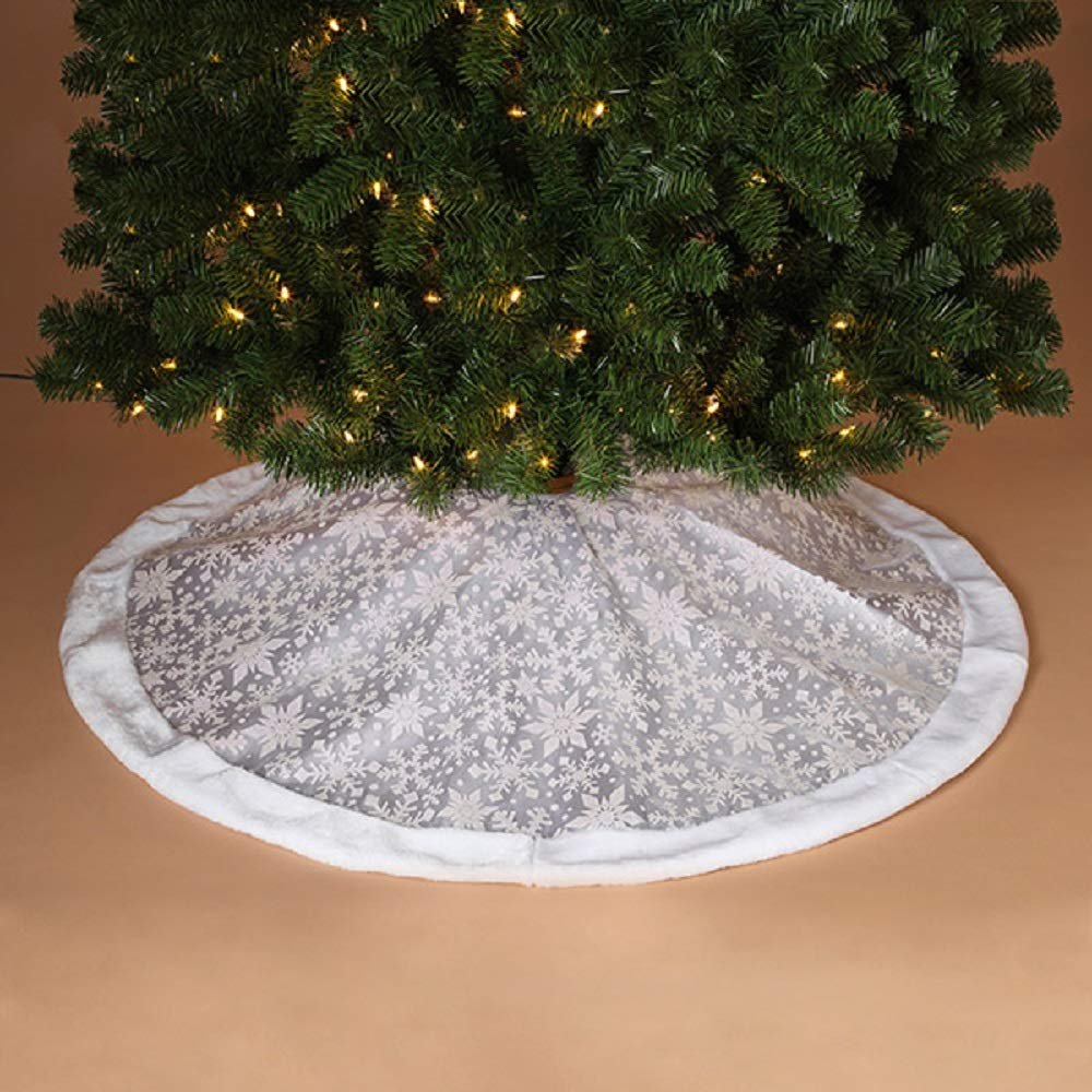 Gerson Glitter Print on Sheer Organza Christmas Tree Skirt with Faux Fur Border 48 Inch