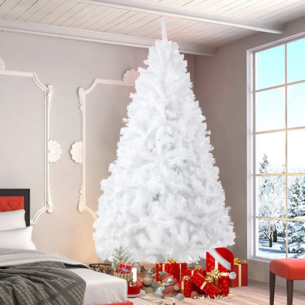 BDL 6FT White Christmas Tree Premium Hinged Artificial Pine Tree with Solid Metal Stand and Decorations,800Tips