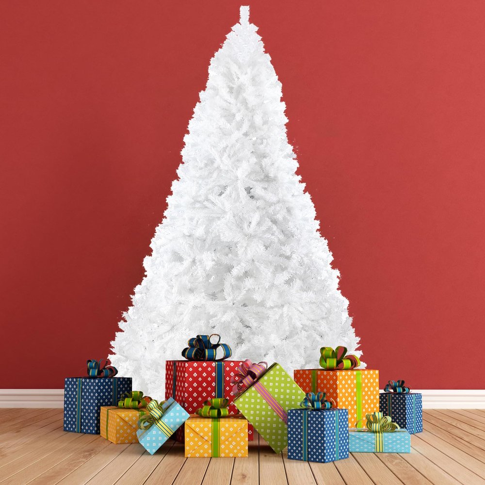 BDL 8FT White Christmas Tree Premium Hinged Artificial Pine Tree with Solid Metal Stand,1500Tips