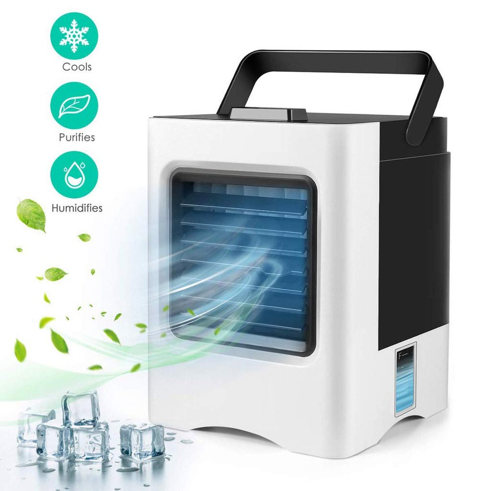 Filttinoy Portable Small Water-Cooled Air Conditioner, with Adjustable Windshield, USB Rechargeable Wearable Mini Water Cooling Air Conditioner Fan for Home Office Outdoor (White)