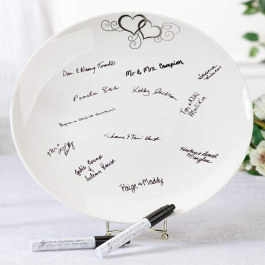 Round Silver Heart Guest Signing Plate + 2 Pens Wedding Guest Book Alternative
