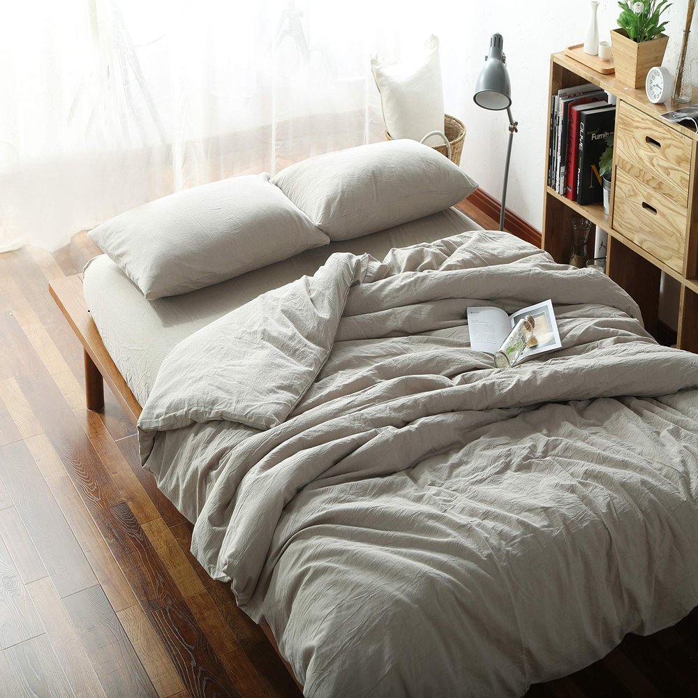 F.Y.Dreams 100% Washed Cotton Duvet Cover for Weighted Blanket 60x80 inches with 16 Ties, Zipper on Long Side/Khaki/Just Duvet Cover