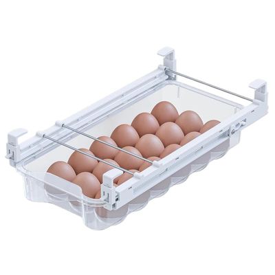 Skywin TidyFriend Refrigerator Egg Drawer 14"x7.5"x3.95" Snap-On Egg Holder with Pull-Out Drawer, Holds 18 Eggs, Fits Flat Fridge Shelves 14.116.3 in Long and 0.931.32 in Thick