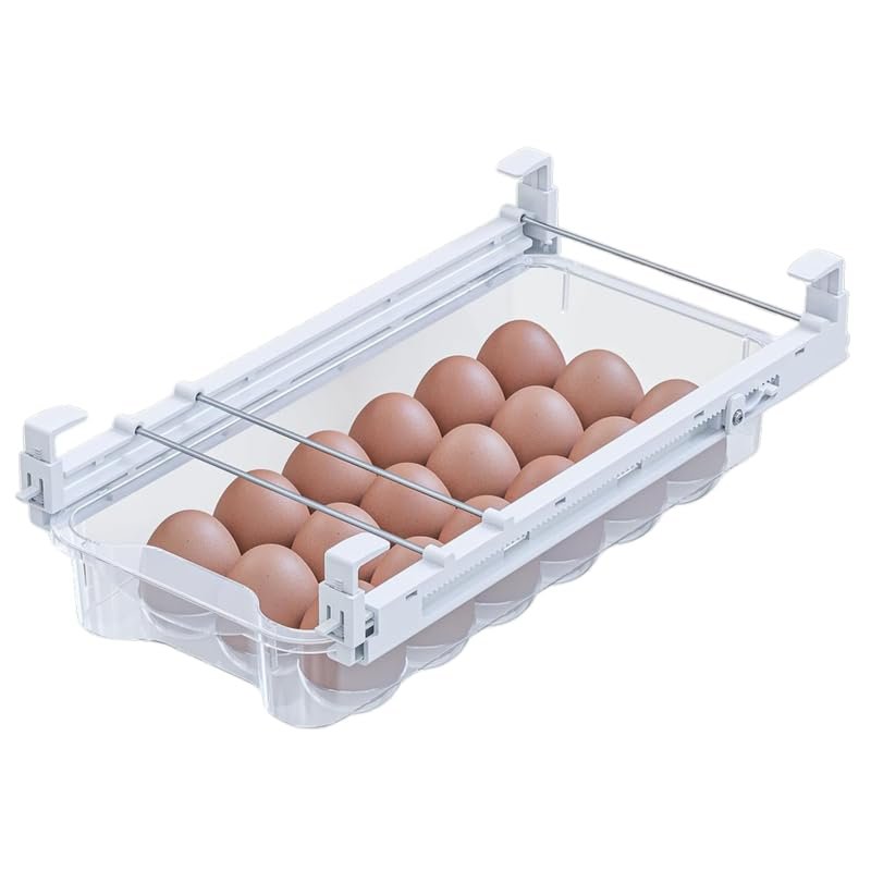 Skywin TidyFriend Refrigerator Egg Drawer 14"x7.5"x3.95" Snap-On Egg Holder with Pull-Out Drawer, Holds 18 Eggs, Fits Flat Fridge Shelves 14.116.3 in Long and 0.931.32 in Thick
