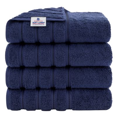 American Soft Linen Luxury 4 Piece Bath Towel Set, 600 GSM 100% Cotton Turkish Bath Towels for Bathroom, 27x54 in Extra Large Bathroom Shower Towels, Navy Blue