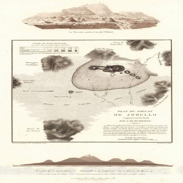 Jorullo Volcano Historical Map Print - 1834 Humboldt Atlas Reproduction - 44in x 86in