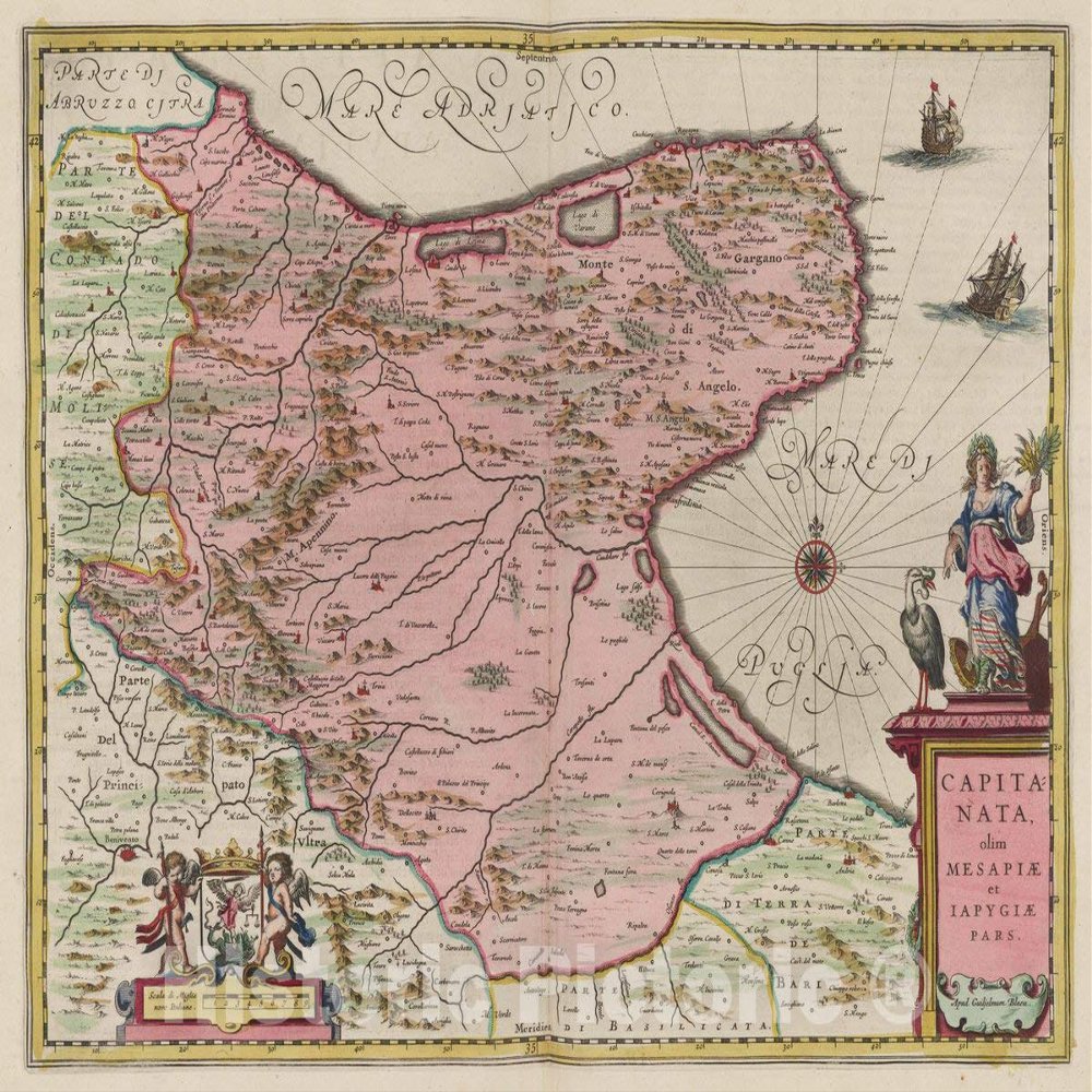 Capitanata Italy 1665 Historical Map Print - Atlas Maior Blaviana - 57in x 44in