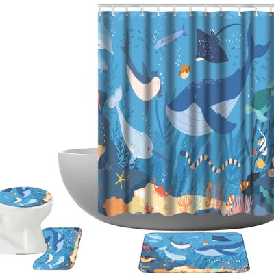 Amagical Sea World Fish and Wild Marine Animals in Ocean Pattern 16 Piece Bathroom Mat Set Shower Curtain Set Bath Mat Contour Mat Toilet Cover Waterproof Shower Curtain with 12 Hooks