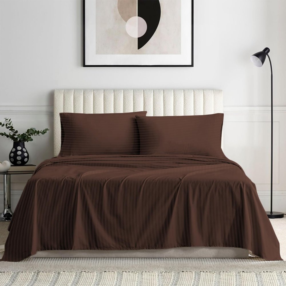 Apsley Linen Damask Stripe Egyptian Cotton 4-PCs Sheet Set Fits Mattress 26-28'' Deep Pocket Luxurious Bedding Set Premium Heavy Quality Sateen Weave Silky Soft Breathable (Twin XL, Chocolate)