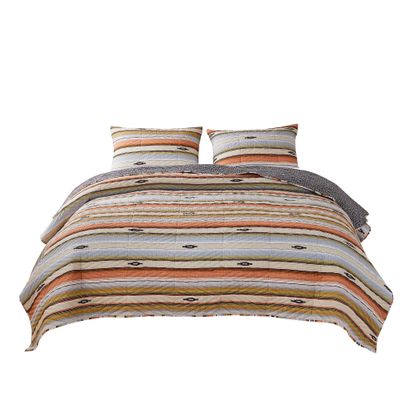 Benjara 3 Piece Microfiber King Size Quilt Set with Chevron Print, Multicolor