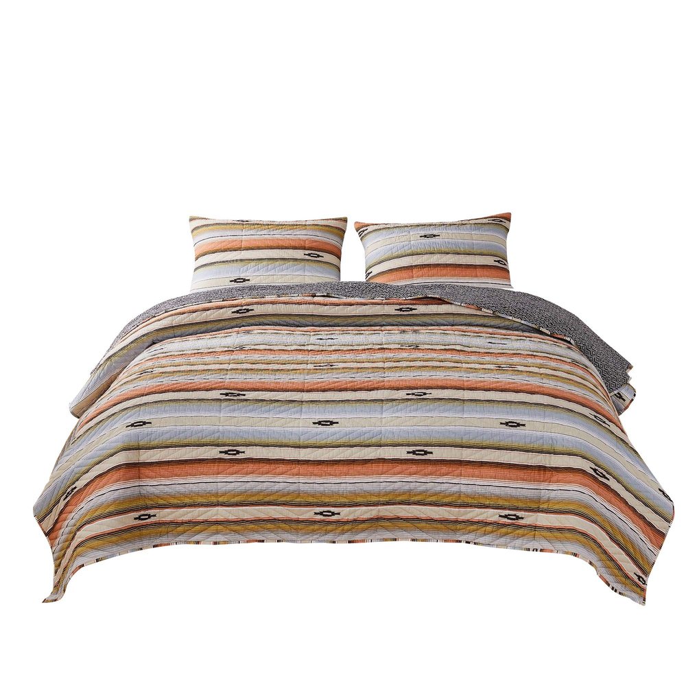 Benjara 3 Piece Microfiber King Size Quilt Set with Chevron Print, Multicolor
