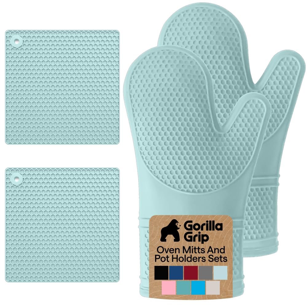 GORILLA GRIP BPA-Free Silicone Oven Mitts and Pot Holders Set, Mint