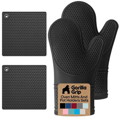 GORILLA GRIP BPA-Free Silicone Oven Mitts and Pot Holders Set, Black