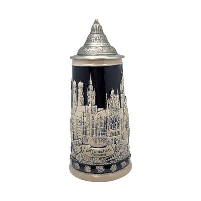 0.7 Liter | OktoberfestHaus Oktoberfest Mugs German Themes Of Munich, Edelweiss and Draft Horses, Cobalt Blue Engraved Stein With Lid Okoberfest Cups and Oktoberfest Items