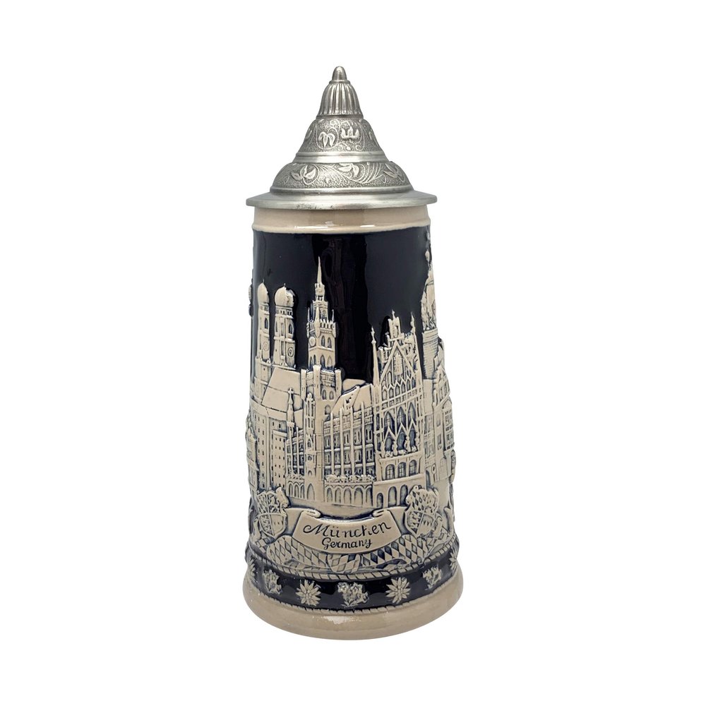 0.7 Liter | OktoberfestHaus Oktoberfest Mugs German Themes Of Munich, Edelweiss and Draft Horses, Cobalt Blue Engraved Stein With Lid Okoberfest Cups and Oktoberfest Items