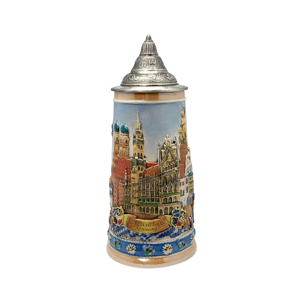 0.7 Liter | OktoberfestHaus Oktoberfest Stein With German Themes Of Munich, Edelweiss and Draft Horses Engraved Stein With Lid Oktoberfest Souvenir and Oktoberfest Beer Mug