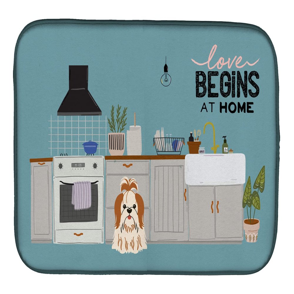Caroline's Treasures CK7791DDM Red White Shih Tzu Kitchen Scene Dish Drying Mat Absorbent Dish Drying Mat Pad for Kitchen Counter Dish Drainer Mat for Countertop, 14 x 21", Multicolor