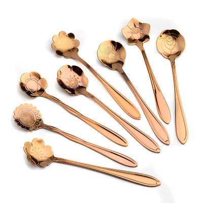 8 Pcs Coffee Spoons Stainless Steel Reusable Flower Teaspoons Rainbow Set dessert Stir Sticks 4.9in - Rose gold