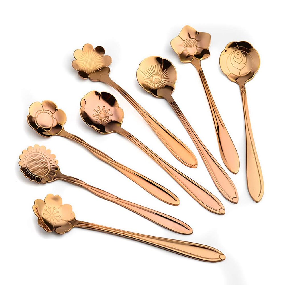8 Pcs Coffee Spoons Stainless Steel Reusable Flower Teaspoons Rainbow Set dessert Stir Sticks 4.9in - Rose gold