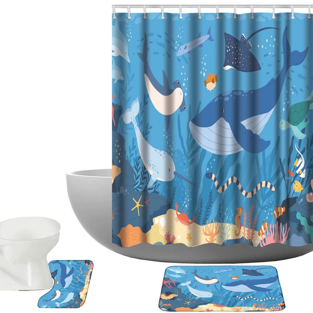 Amagical Sea World Fish and Wild Marine Animals in Ocean Pattern 3 Piece Bathroom Mat Set Shower Curtain Set Bath Mat Contour Mat Waterproof Shower Curtain with 12 Hooks