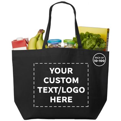 DISCOUNT PROMOS Personalized Southern Style Grocery Tote Bags Set of 10/50/100 Custom Bulk Pack, Reusable Grocery & Shopping Bags - Great for Travel, Carry on Bag, Business Promotions - Black