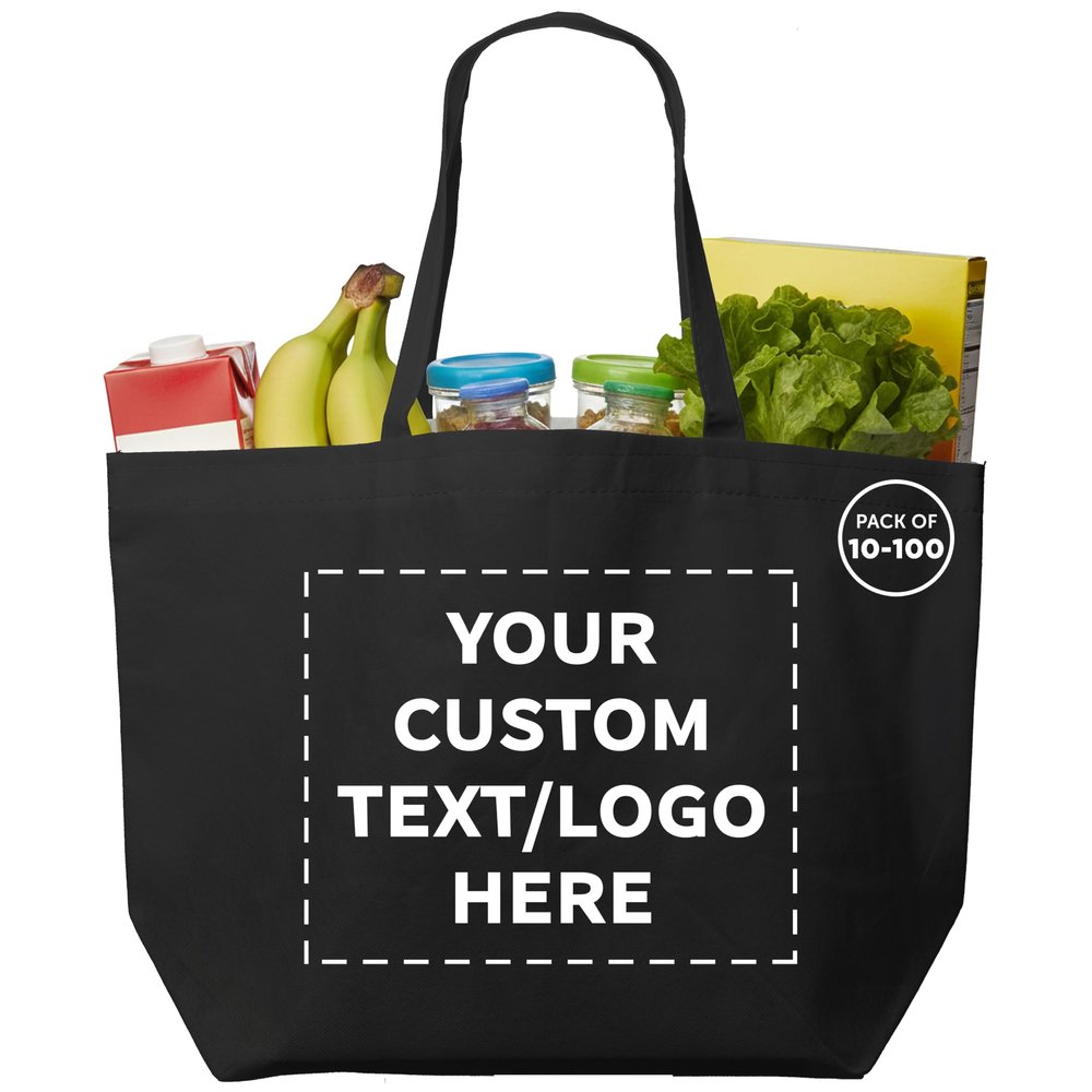 DISCOUNT PROMOS Personalized Southern Style Grocery Tote Bags Set of 10/50/100 Custom Bulk Pack, Reusable Grocery & Shopping Bags - Great for Travel, Carry on Bag, Business Promotions - Black