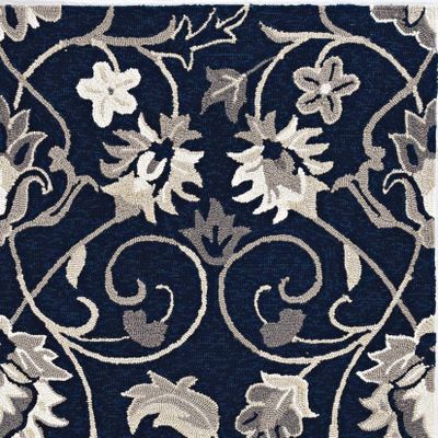 HomeRoots 3'X5' Navy Blue Hand Hooked Uv Treated Traditional Floral Design Indoor Outdoor Rug