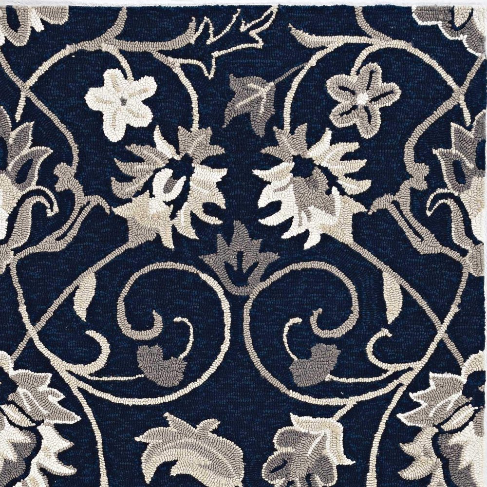 HomeRoots 3'X5' Navy Blue Hand Hooked Uv Treated Traditional Floral Design Indoor Outdoor Rug