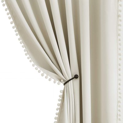Treatmentex Pom Pom Curtains for Bedroom Windows 84 inch Energy Efficient Thermal Insulated Living Room Darkening Curtain Panels for Kitchen Nursery Room Ivory 52" w x2 Panels Rod Pocket