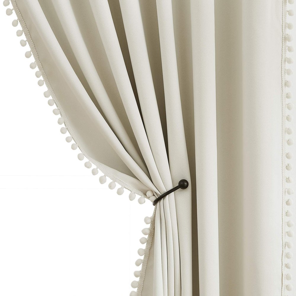 Treatmentex Pom Pom Curtains for Bedroom Windows 84 inch Energy Efficient Thermal Insulated Living Room Darkening Curtain Panels for Kitchen Nursery Room Ivory 52" w x2 Panels Rod Pocket