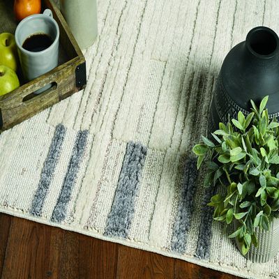 HomeRoots 8' Ivory Grey Machine Woven Abstract Lines with Fringe Indoor Runner Rug