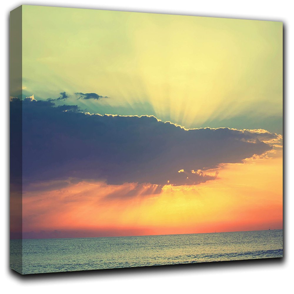 Dawn at The Sea Wall Art Decor Picture Painting Poster Print on Canvas Panels Pieces - Creative Theme Wall Decoration Set - Ocean and Clouds Wall Picture for Creative Space 17 by 30 in