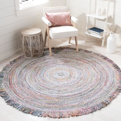 SAFAVIEH Braided Collection 4' Round Grey / Red BRD950Q Handmade Country Cottage Fringe Reversible Area Rug