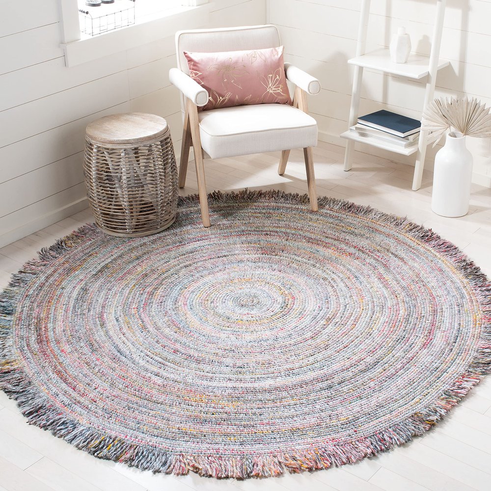 SAFAVIEH Braided Collection 4' Round Grey / Red BRD950Q Handmade Country Cottage Fringe Reversible Area Rug