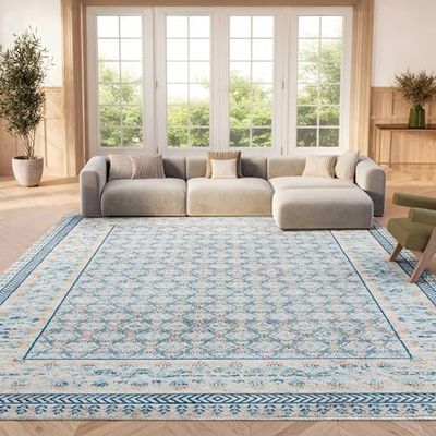 SAFAVIEH Brentwood Collection 8' x 10' Blue / Yellow BNT899M Traditional Oriental Distressed Non-Shedding Living Room Bedroom Dining Home Office Area Rug