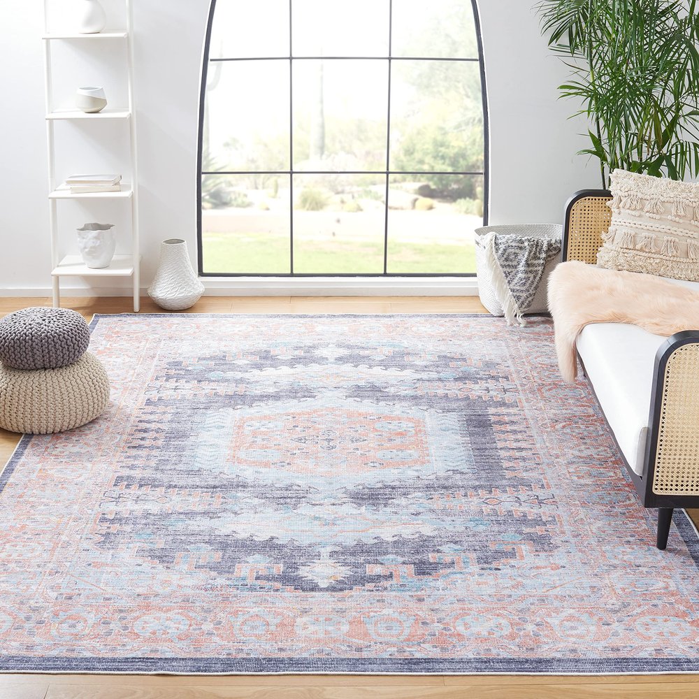 SAFAVIEH Washable Rug Serapi Collection - 8' x 10', Terracotta & Blue, Slip Resistant & Easy to Clean, Ideal for Living Room, Bedroom, Dining Space (SEP382P)
