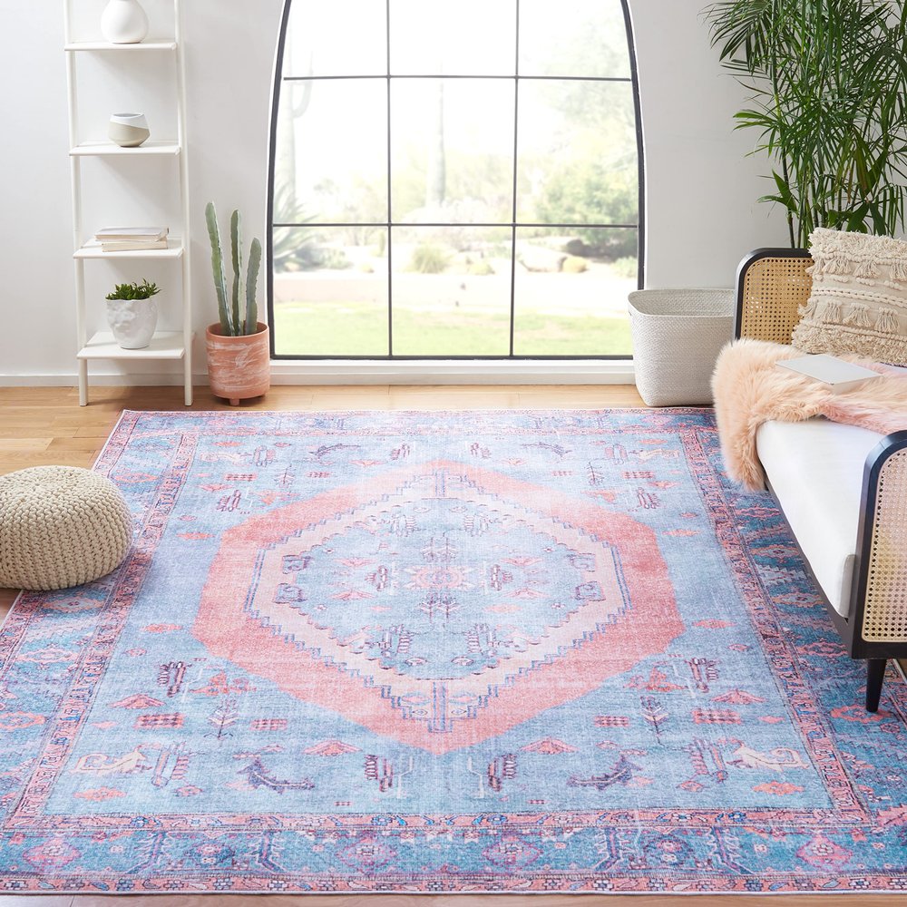 SAFAVIEH Washable Rug Serapi Collection - 8' x 10', Light Blue & Beige, Slip Resistant & Easy to Clean, Ideal for Living Room, Bedroom, Dining Space (SEP356J)